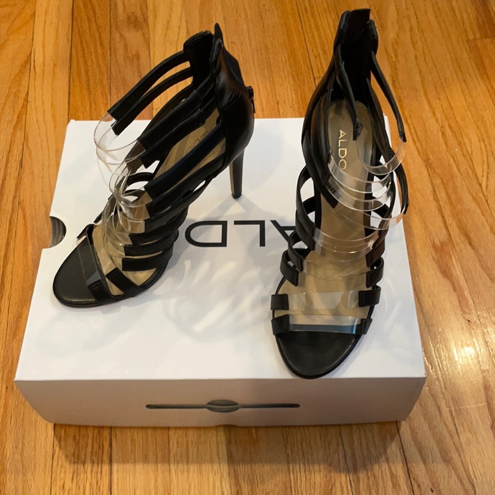 Never Worn Black Aldo Black and PVC Strap Heels.